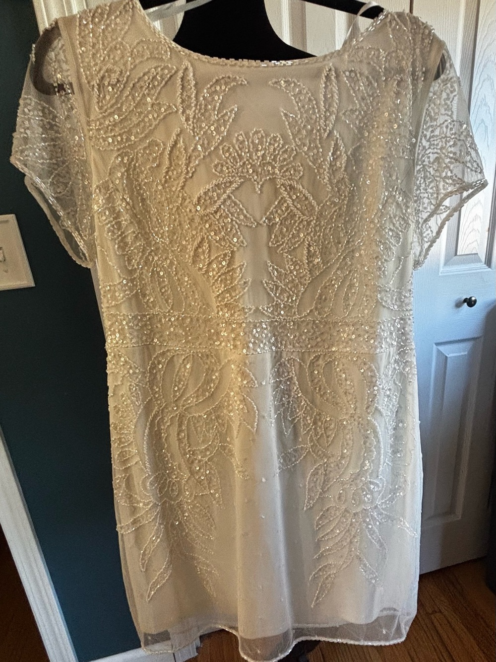 J Kara Ivory Beaded Short Sleeve Ivory Cocktail Dress